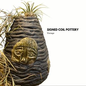 Unique Beautifully Handmade & Signed Coil Pottery Art Vase Black, Tribal Masks